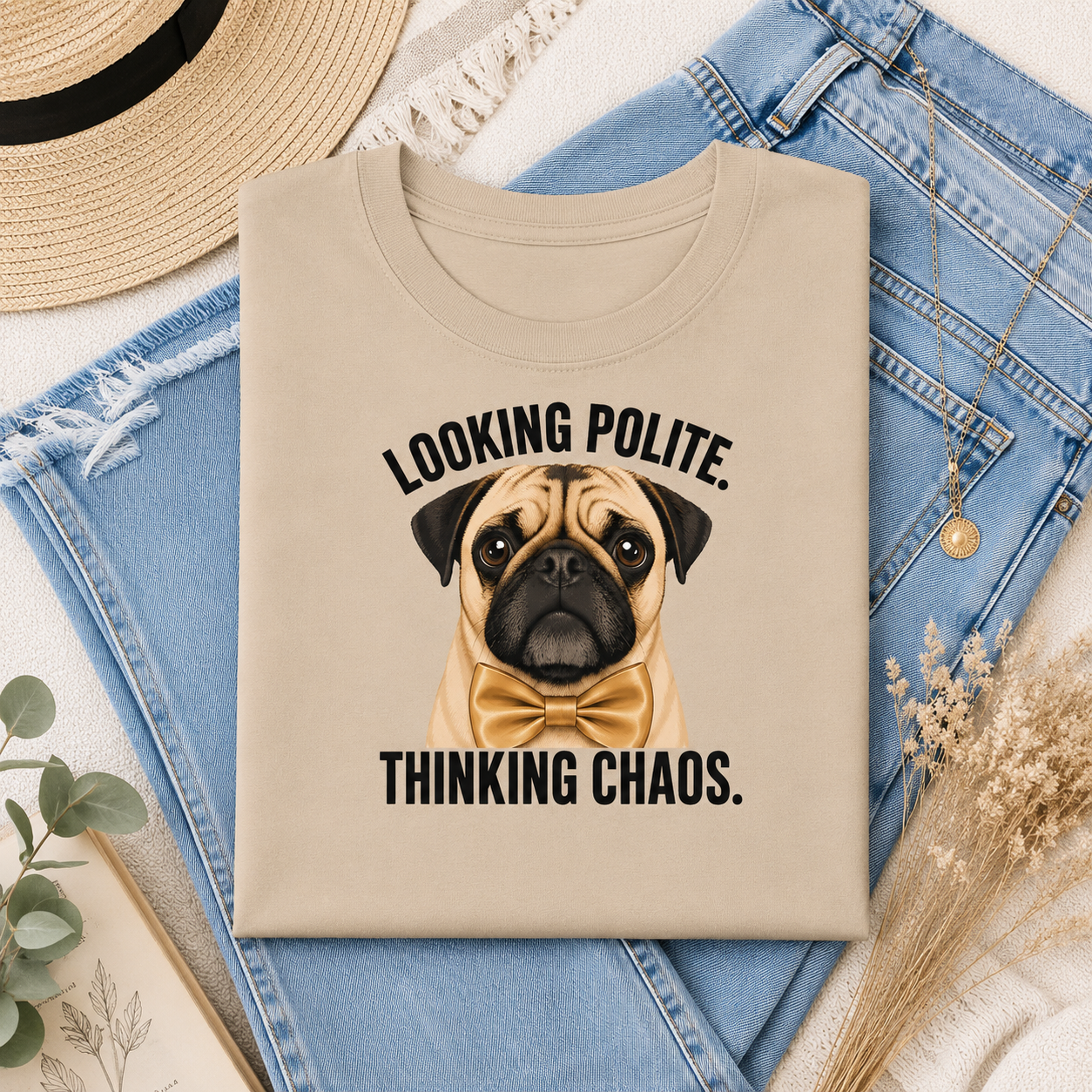 Looking Polite Thinking Chaos Pug T-Shirt, Funny Dog Graphic Tee