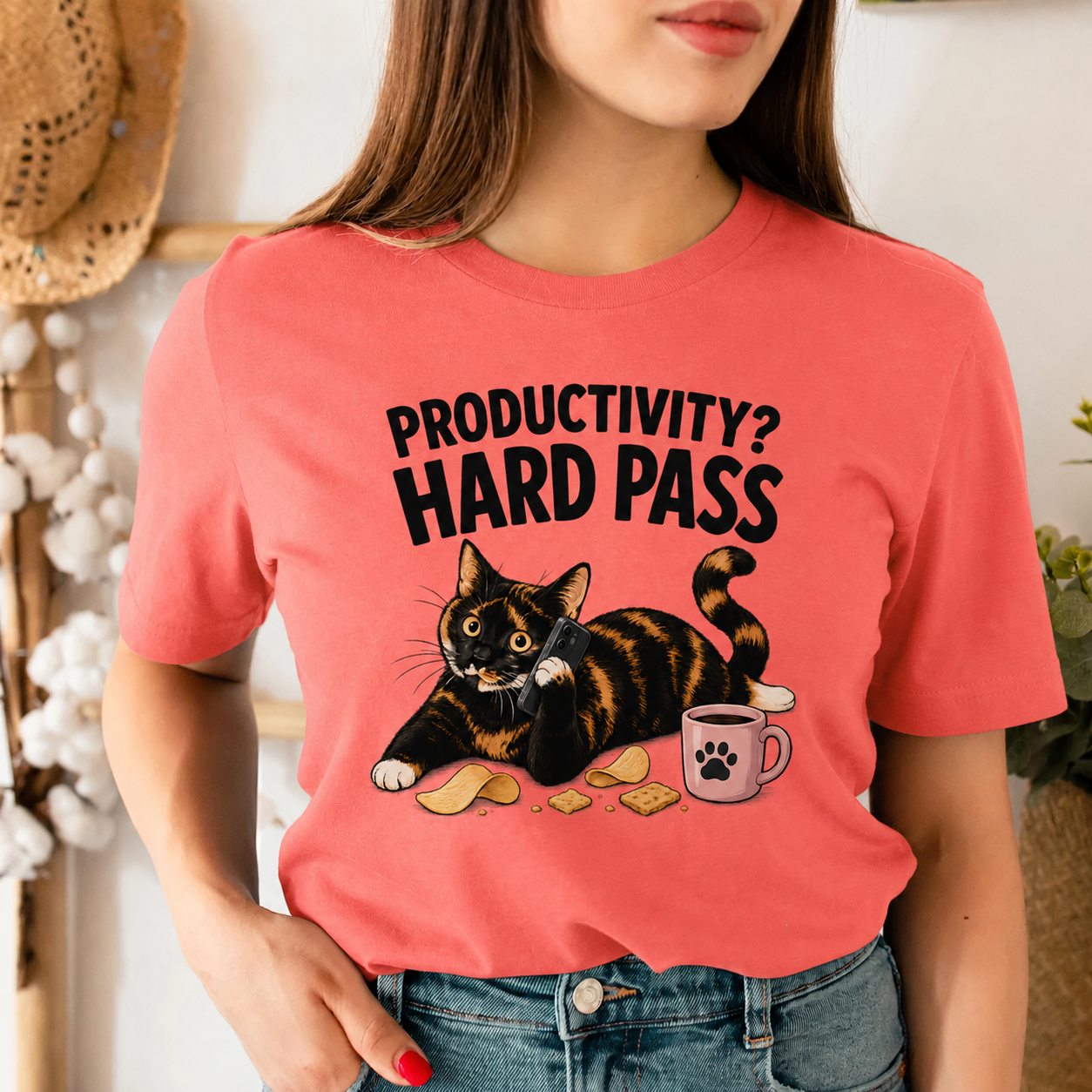 Productivity Hard Pass Cat T-Shirt, Funny Tortoiseshell Graphic Tee