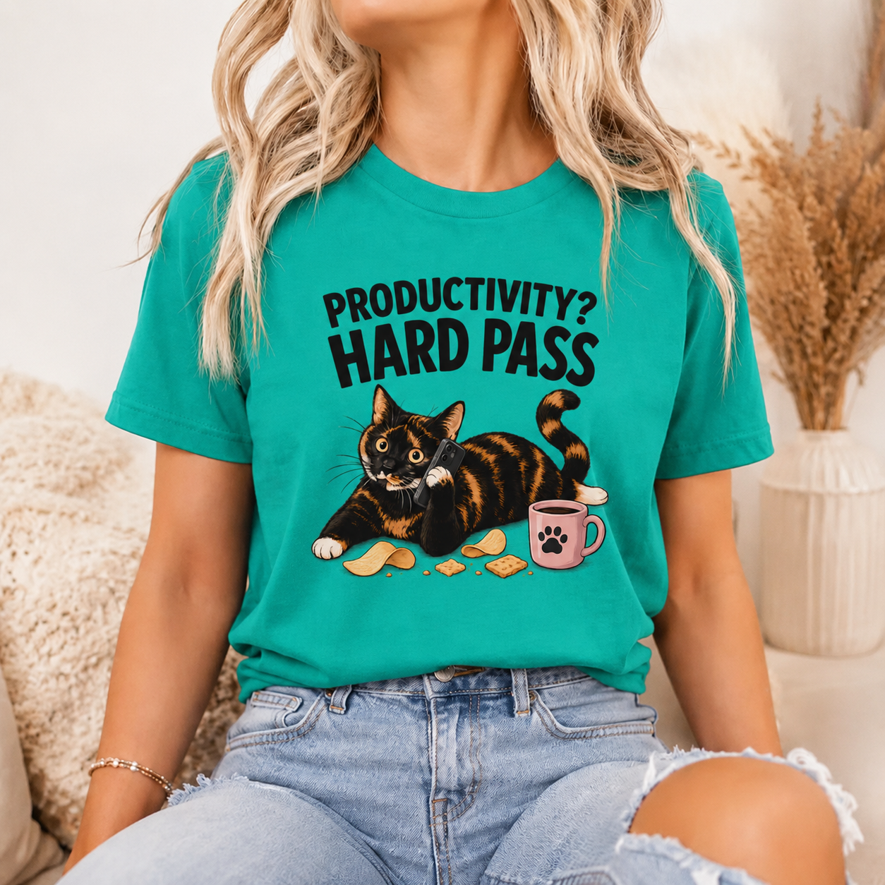 Productivity Hard Pass Cat T-Shirt, Funny Tortoiseshell Graphic Tee