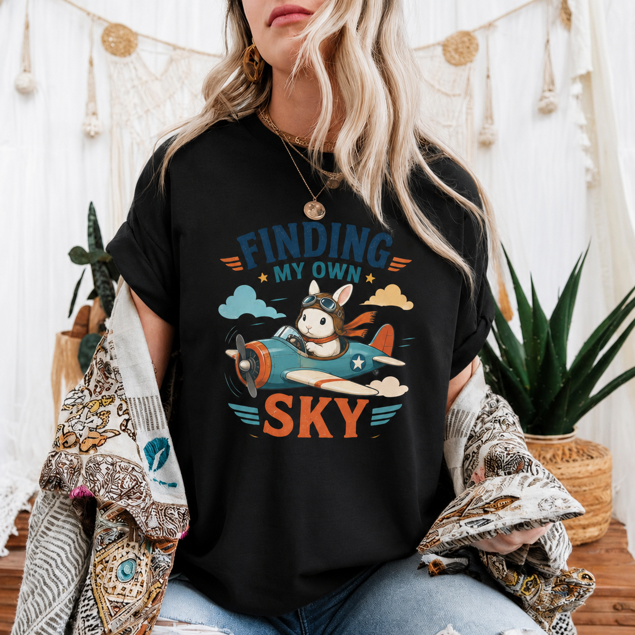 Finding My Own Sky Bunny T-Shirt, Rabbit Pilot Graphic Tee