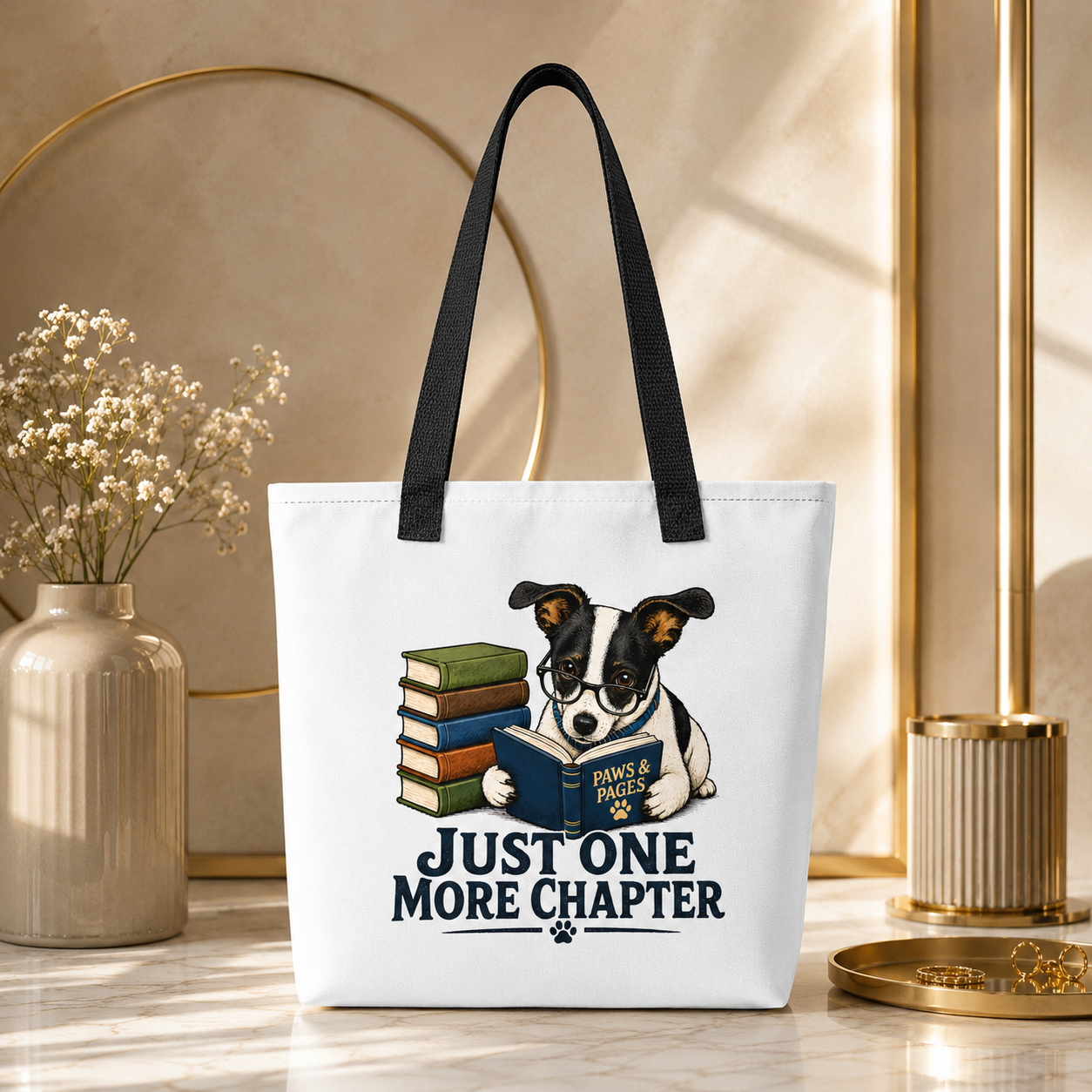 Just One More Chapter Dog Tote Bag, Book Lover Shopping Bag