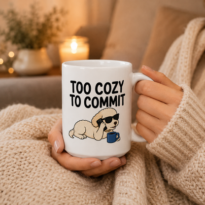 Too Cozy to Commit Dog Mug, Funny Homebody Coffee Cup