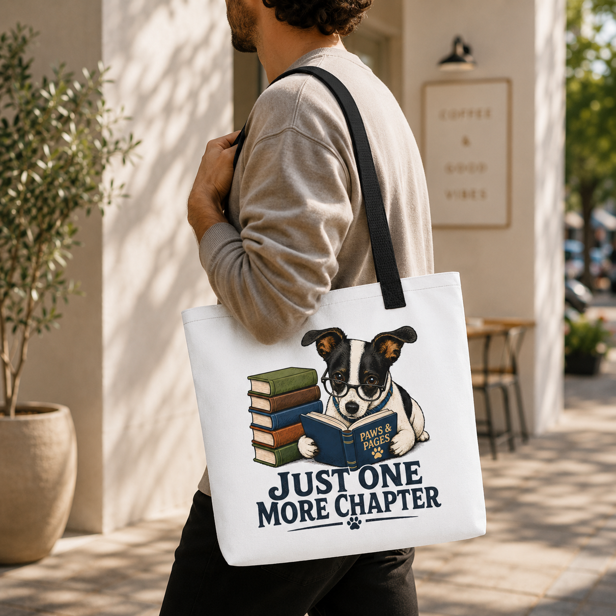 Just One More Chapter Dog Tote Bag, Book Lover Shopping Bag