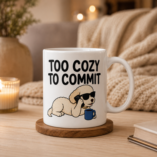 Too Cozy to Commit Dog Mug, Funny Homebody Coffee Cup