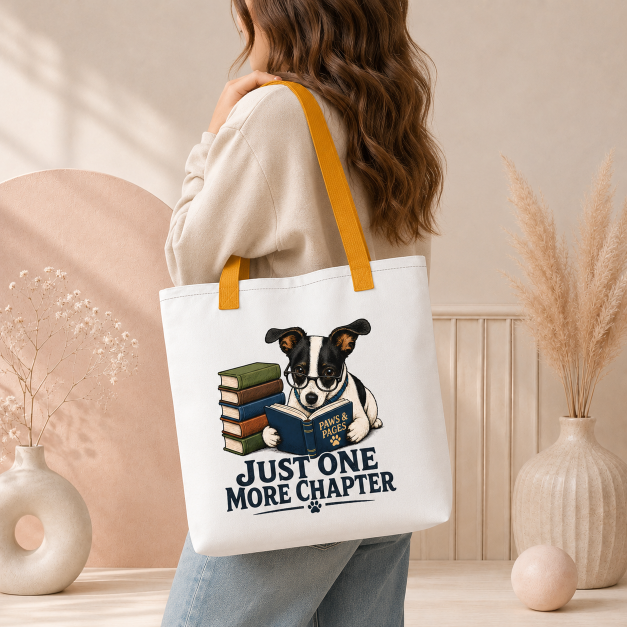 Just One More Chapter Dog Tote Bag, Book Lover Shopping Bag