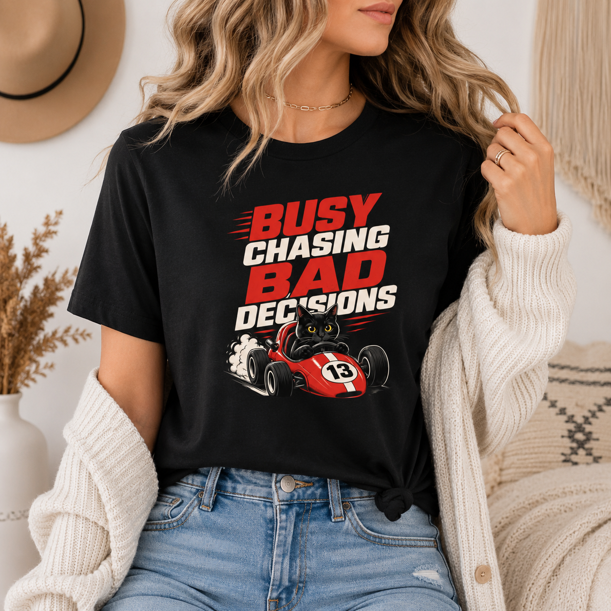 Busy Chasing Bad Decisions Cat T-Shirt, Racing Graphic Tee