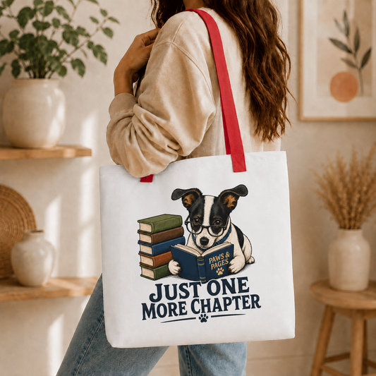 Just One More Chapter Dog Tote Bag, Book Lover Shopping Bag