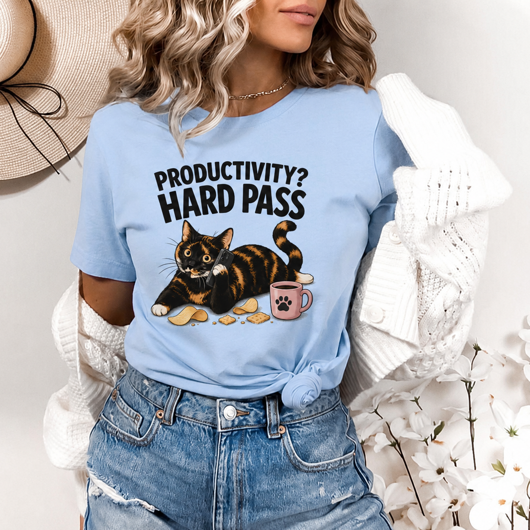 Productivity Hard Pass Cat T-Shirt, Funny Tortoiseshell Graphic Tee