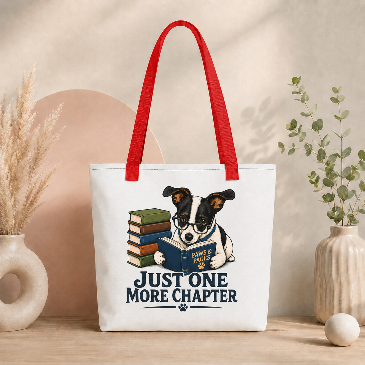 Just One More Chapter Dog Tote Bag, Book Lover Shopping Bag
