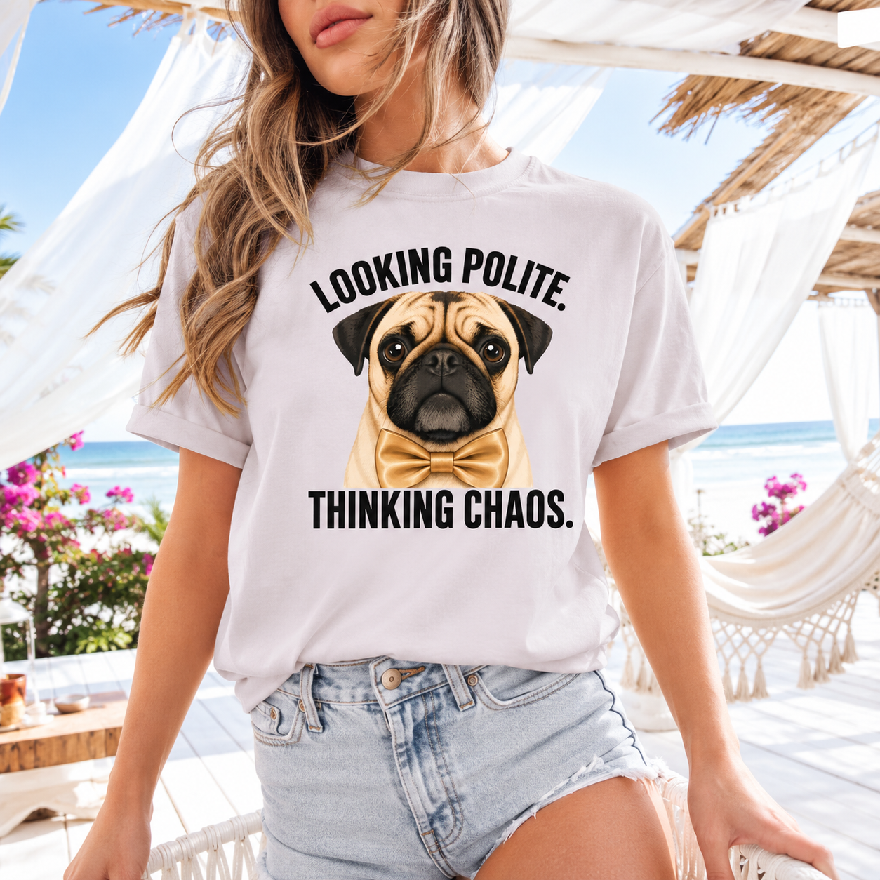 Looking Polite Thinking Chaos Pug T-Shirt, Funny Dog Graphic Tee