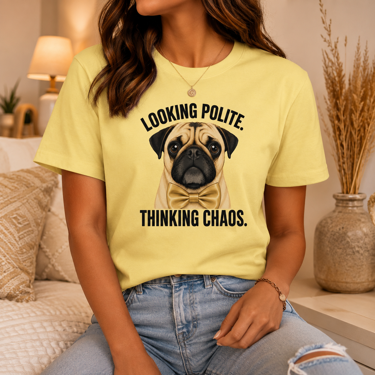 Looking Polite Thinking Chaos Pug T-Shirt, Funny Dog Graphic Tee