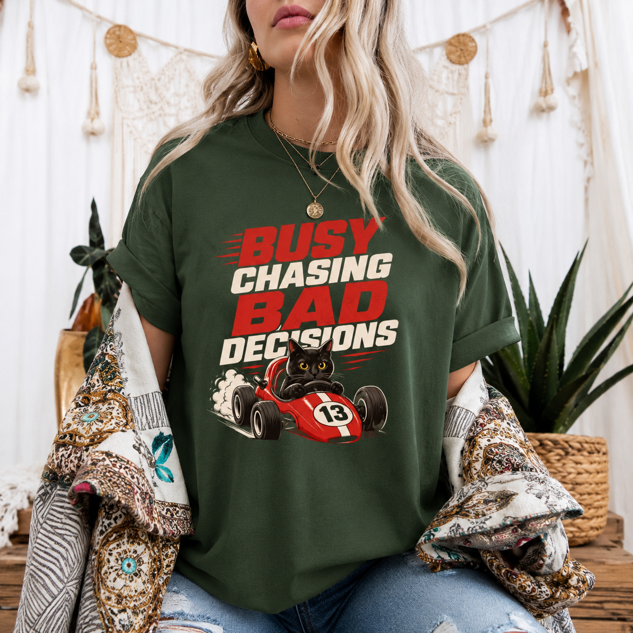 Busy Chasing Bad Decisions Cat T-Shirt, Racing Graphic Tee