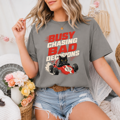 Busy Chasing Bad Decisions Cat T-Shirt, Racing Graphic Tee