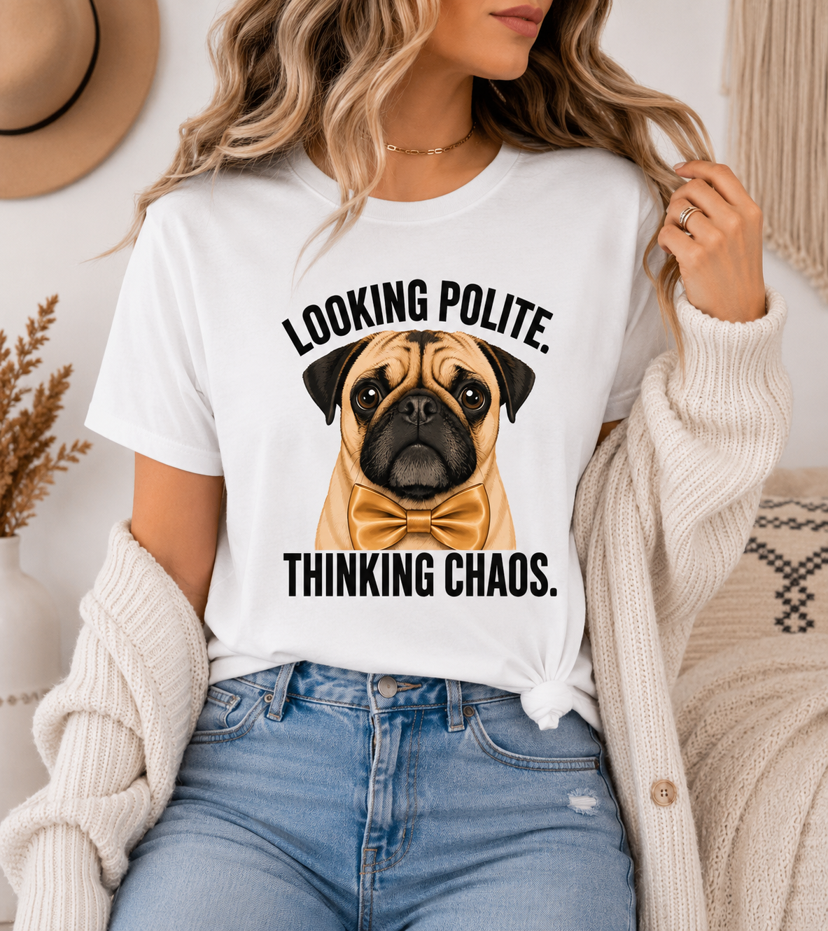 Looking Polite Thinking Chaos Pug T-Shirt, Funny Dog Graphic Tee