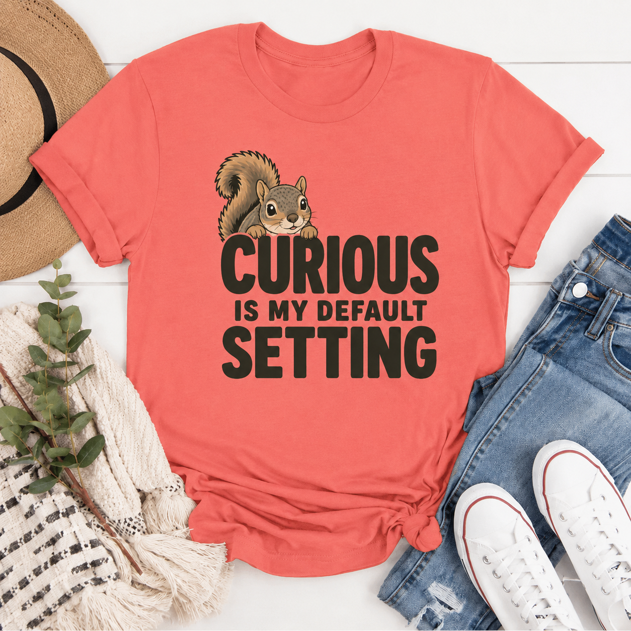 Curious Is My Default Setting Squirrel T-Shirt, Funny Animal Graphic Tee