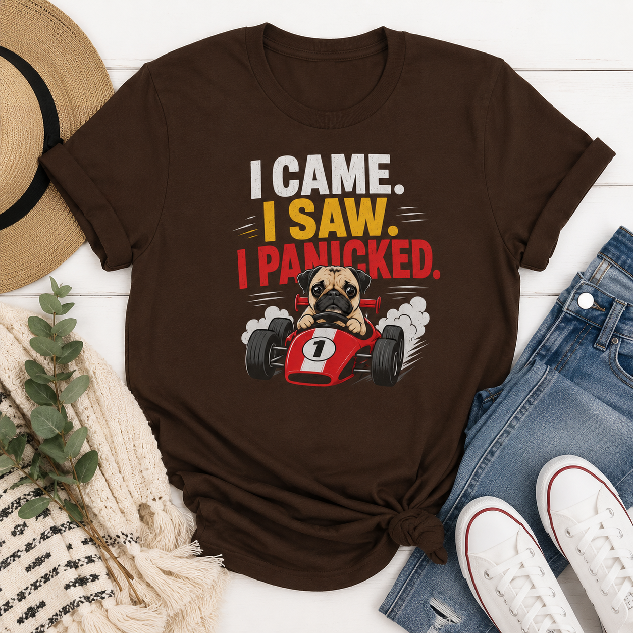 Funny Pug Racing T-Shirt, I Came I Saw I Panicked Shirt
