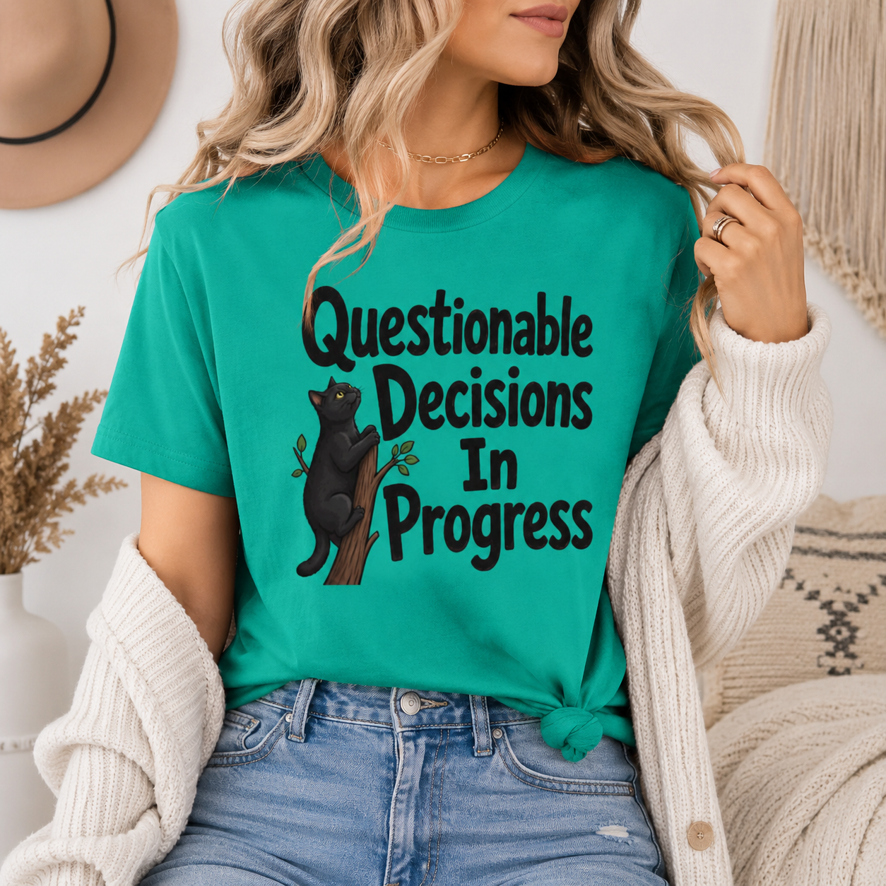 Questionable Decisions Black Cat T-Shirt, Funny Cat Graphic Tee