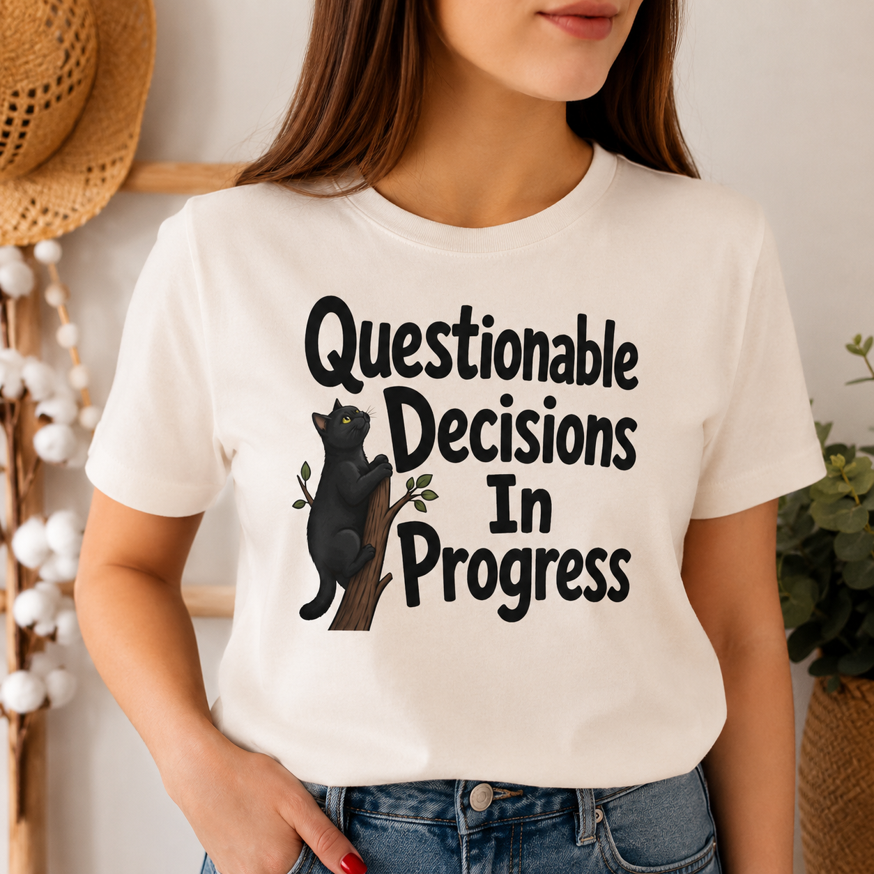 Questionable Decisions Black Cat T-Shirt, Funny Cat Graphic Tee