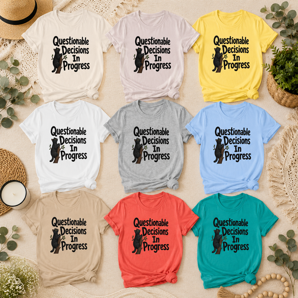 Questionable Decisions Black Cat T-Shirt, Funny Cat Graphic Tee