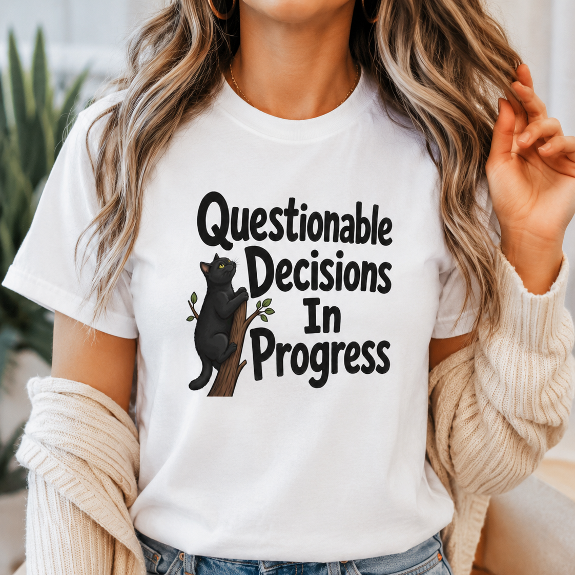 Questionable Decisions Black Cat T-Shirt, Funny Cat Graphic Tee