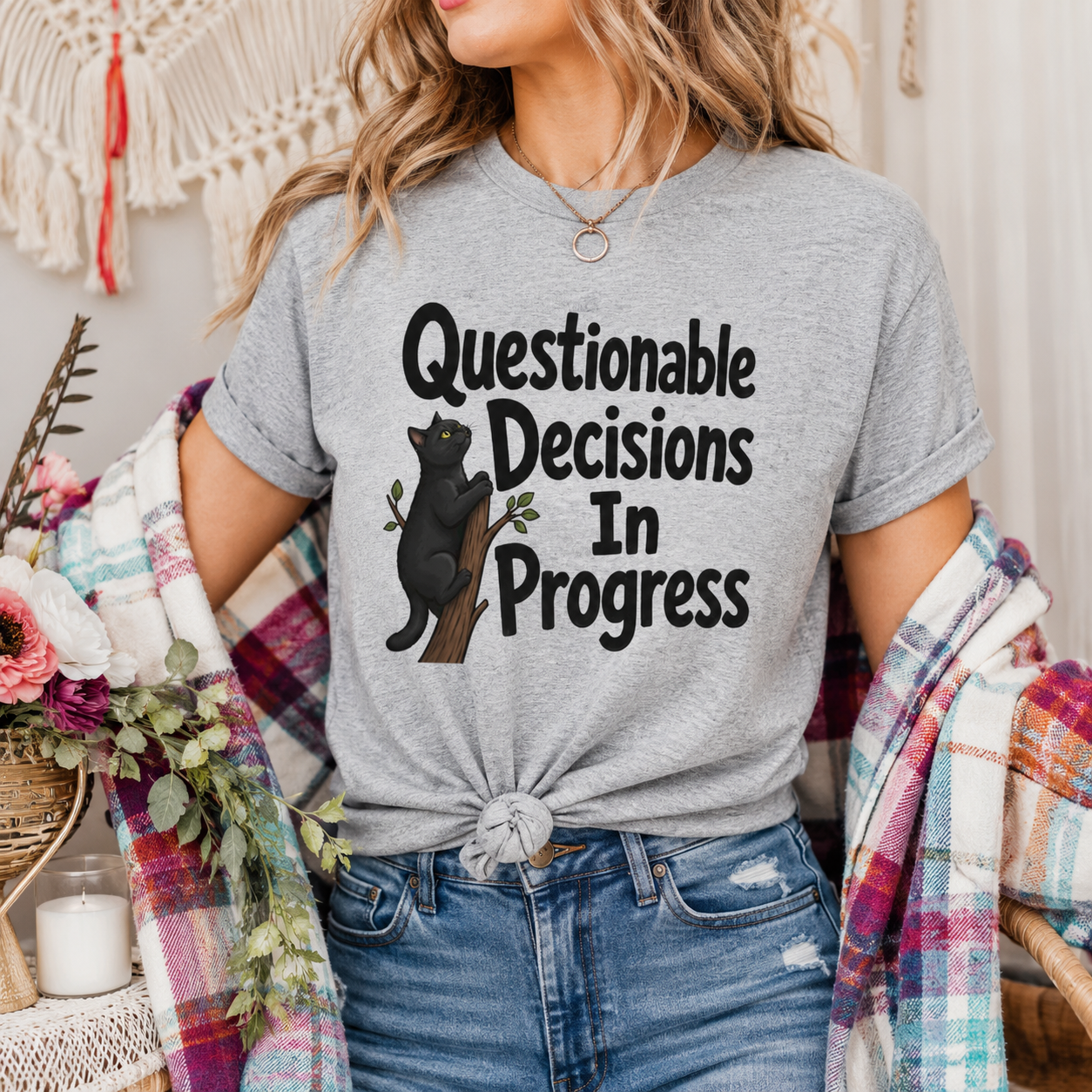 Questionable Decisions Black Cat T-Shirt, Funny Cat Graphic Tee