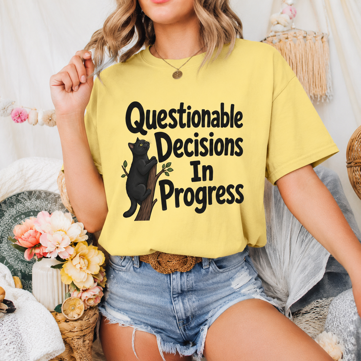 Questionable Decisions Black Cat T-Shirt, Funny Cat Graphic Tee