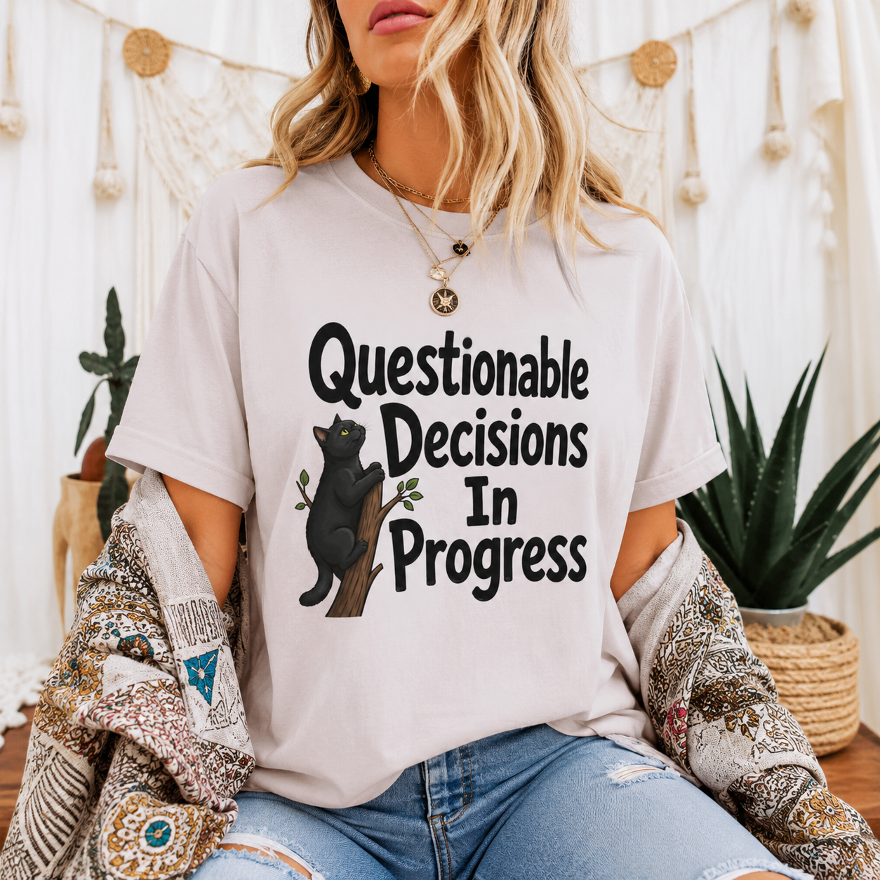 Questionable Decisions Black Cat T-Shirt, Funny Cat Graphic Tee