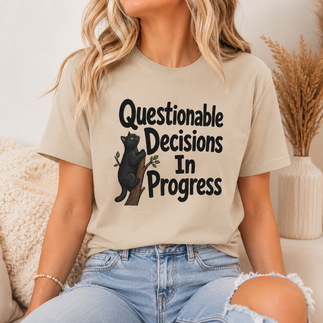Questionable Decisions Black Cat T-Shirt, Funny Cat Graphic Tee