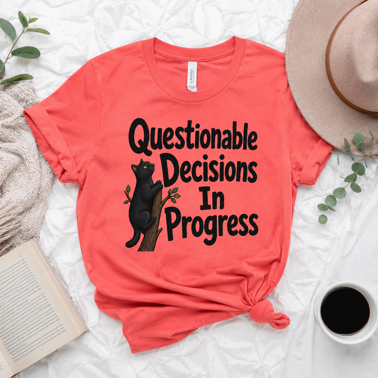 Questionable Decisions Black Cat T-Shirt, Funny Cat Graphic Tee