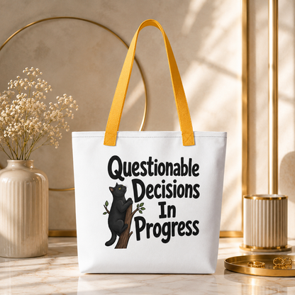 Questionable Decisions Cat Tote Bag, Funny Black Cat Shopping Bag