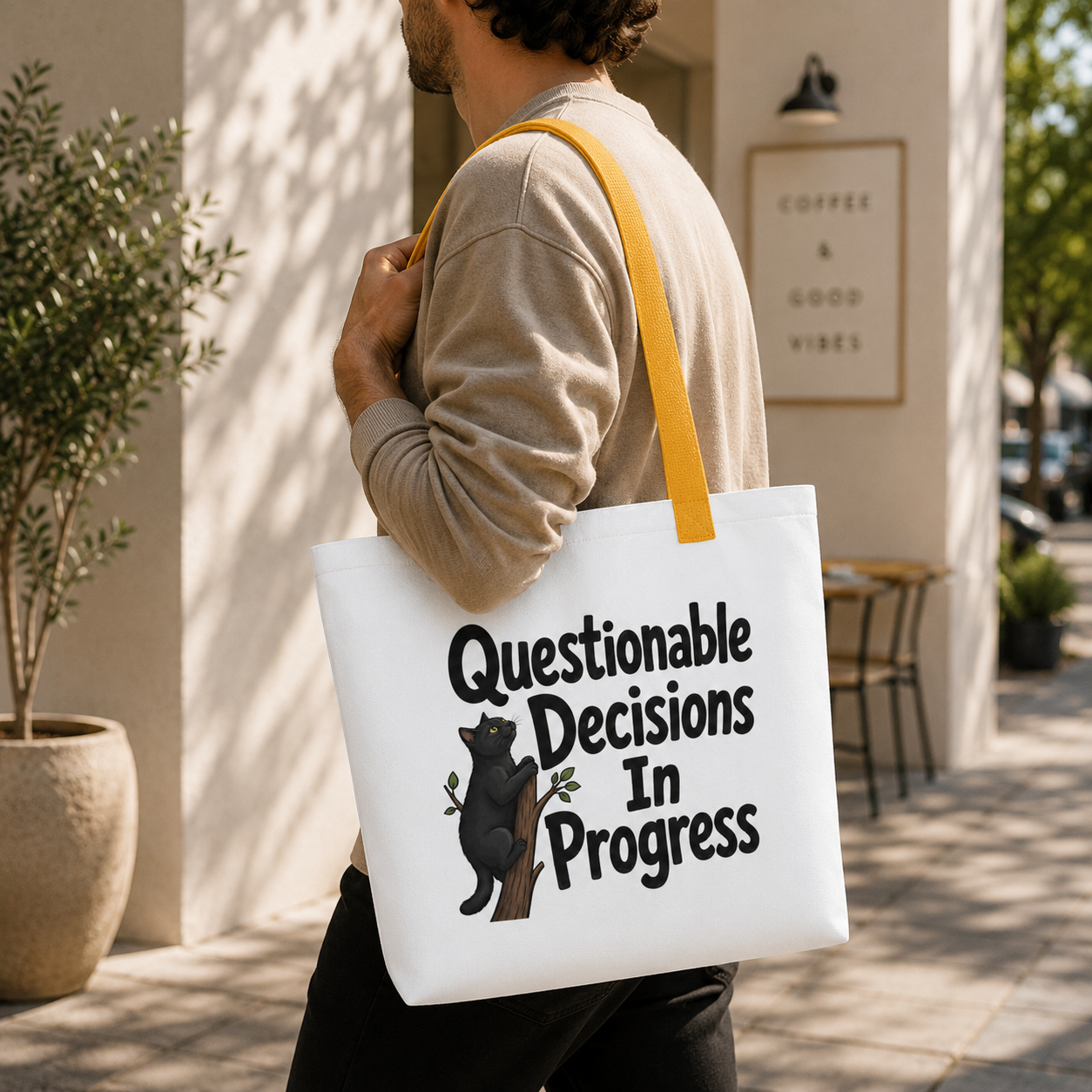 Questionable Decisions Cat Tote Bag, Funny Black Cat Shopping Bag