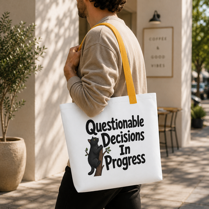 Questionable Decisions Cat Tote Bag, Funny Black Cat Shopping Bag