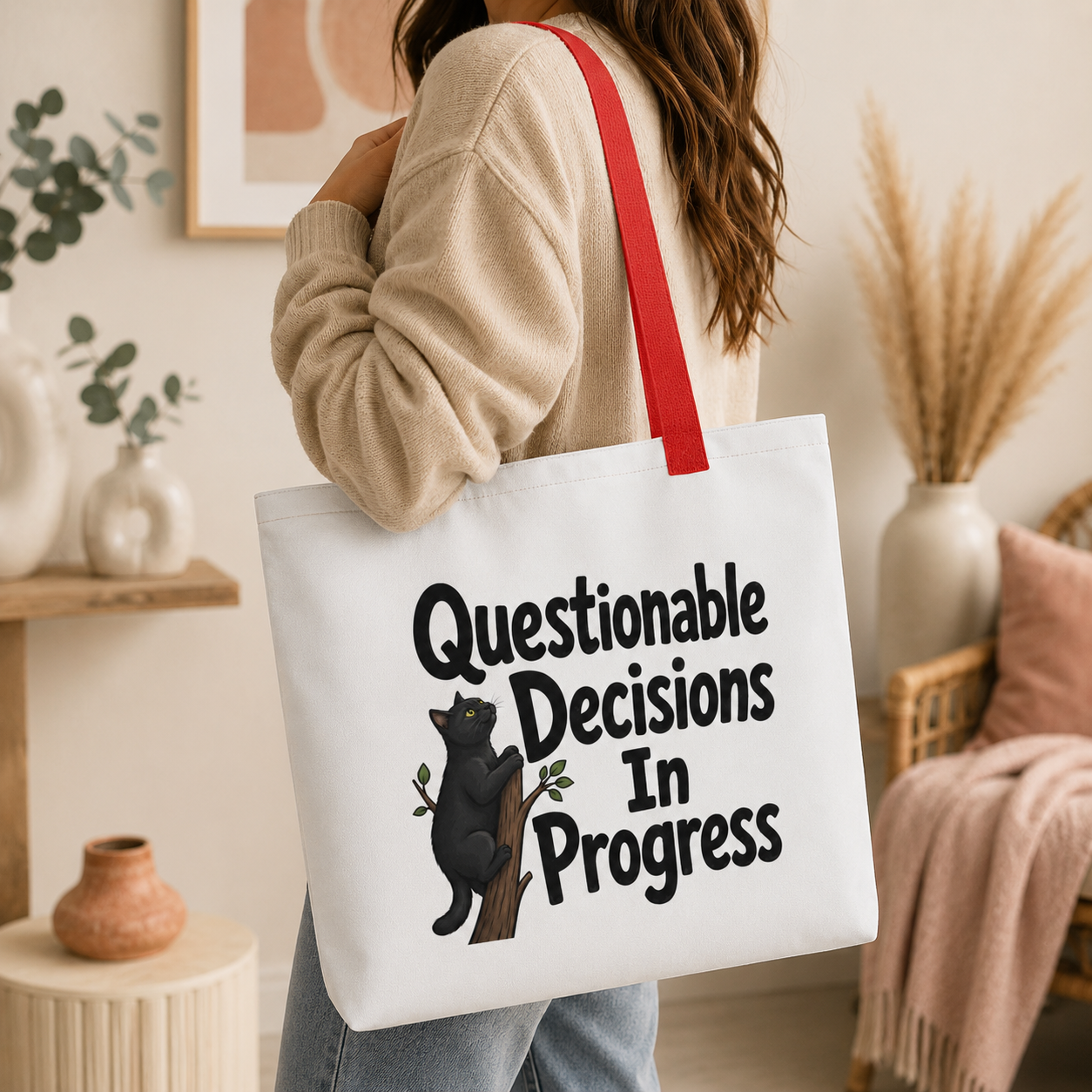 Questionable Decisions Cat Tote Bag, Funny Black Cat Shopping Bag