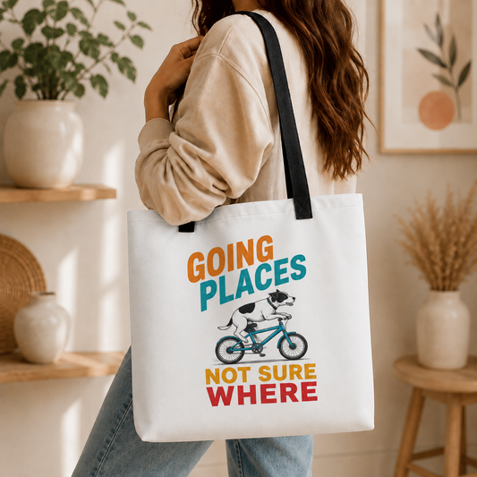 Going Places Dog Tote Bag, Funny Cycling Shopping Bag