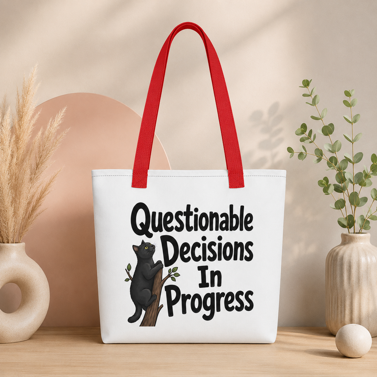 Questionable Decisions Cat Tote Bag, Funny Black Cat Shopping Bag
