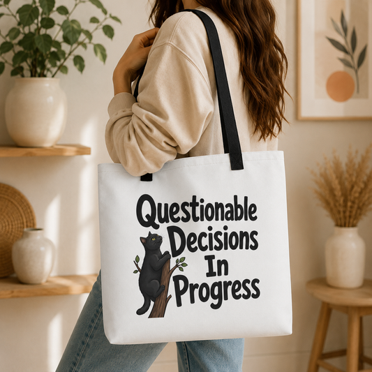 Questionable Decisions Cat Tote Bag, Funny Black Cat Shopping Bag