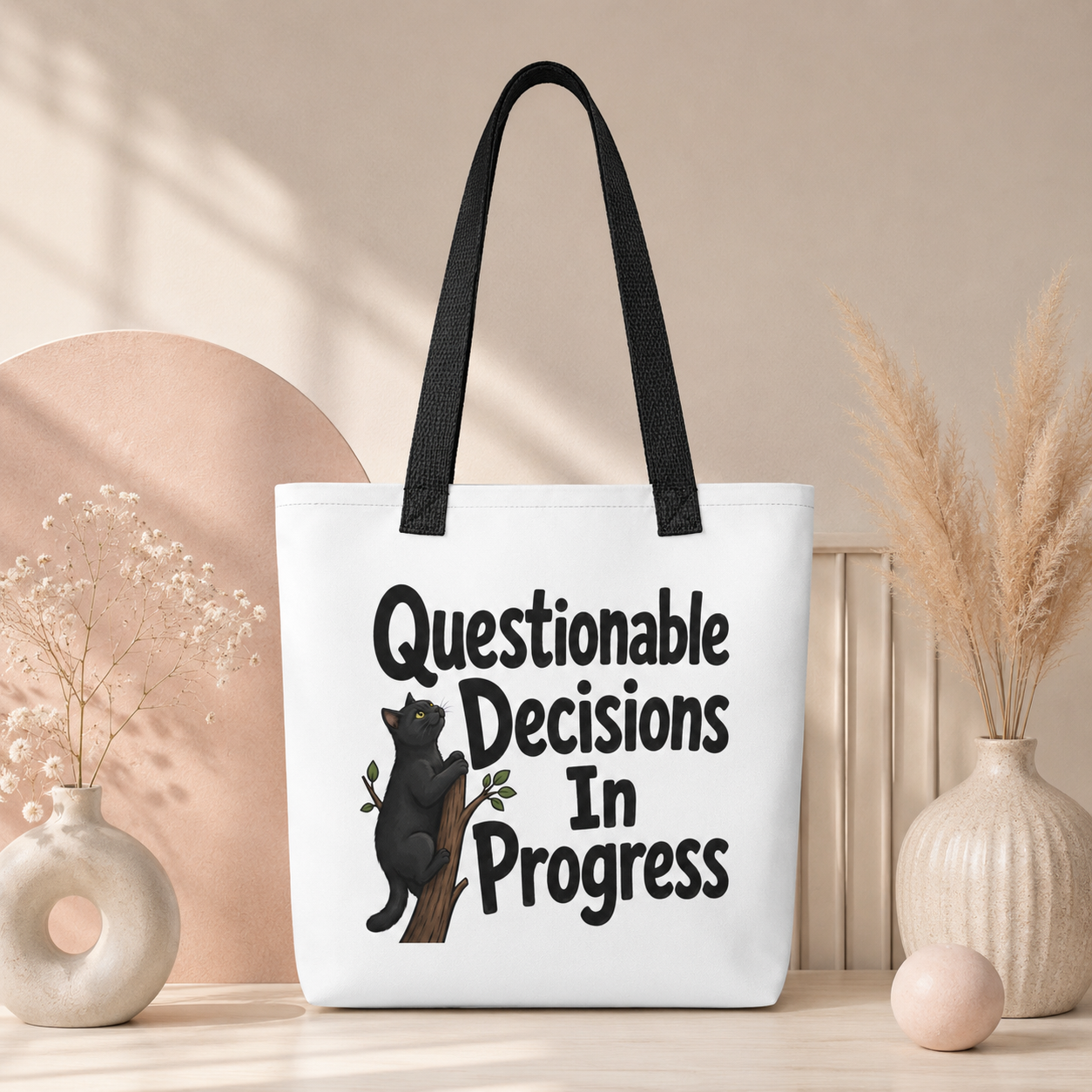 Questionable Decisions Cat Tote Bag, Funny Black Cat Shopping Bag