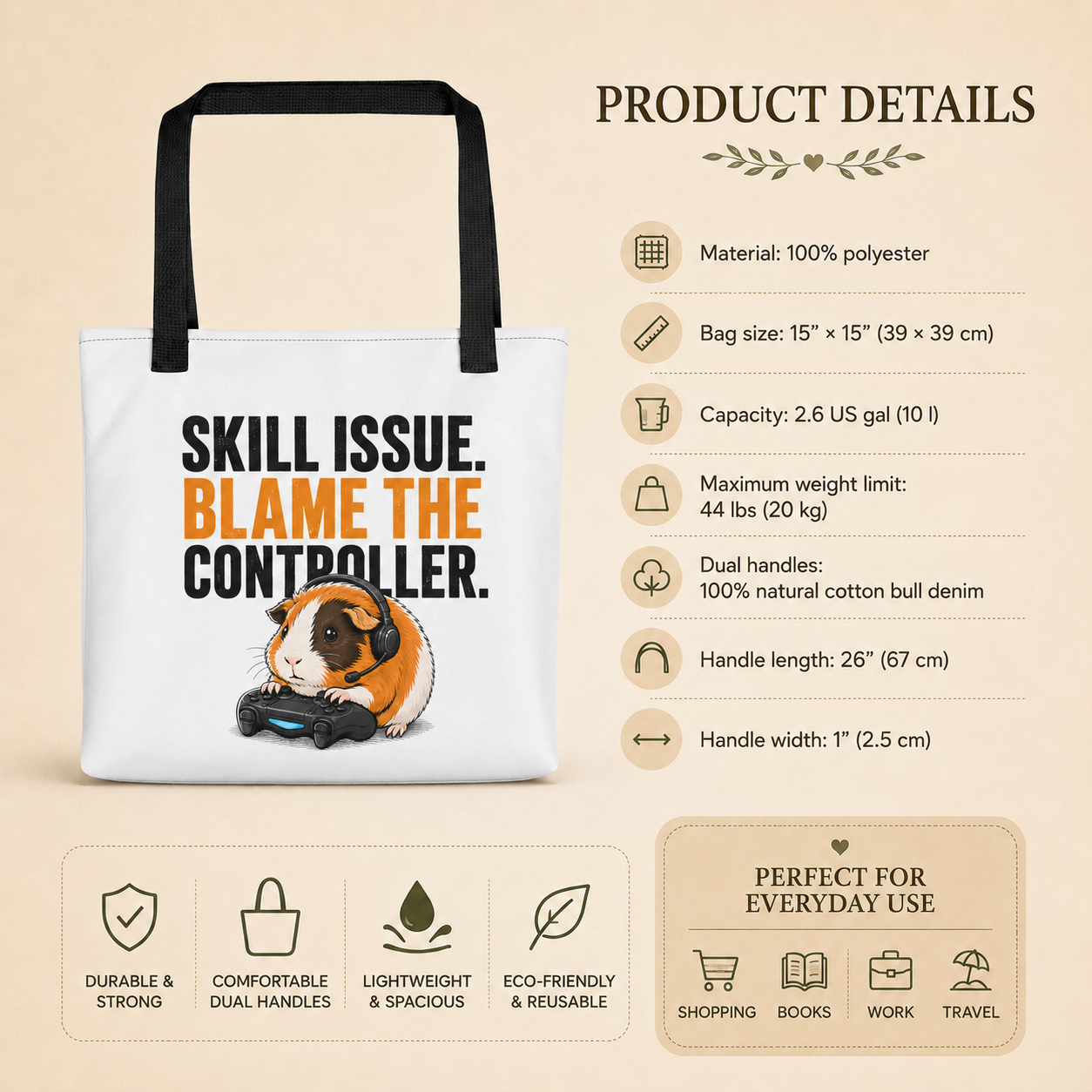 Skill Issue Guinea Pig Tote Bag, Funny Gamer Shopping Bag