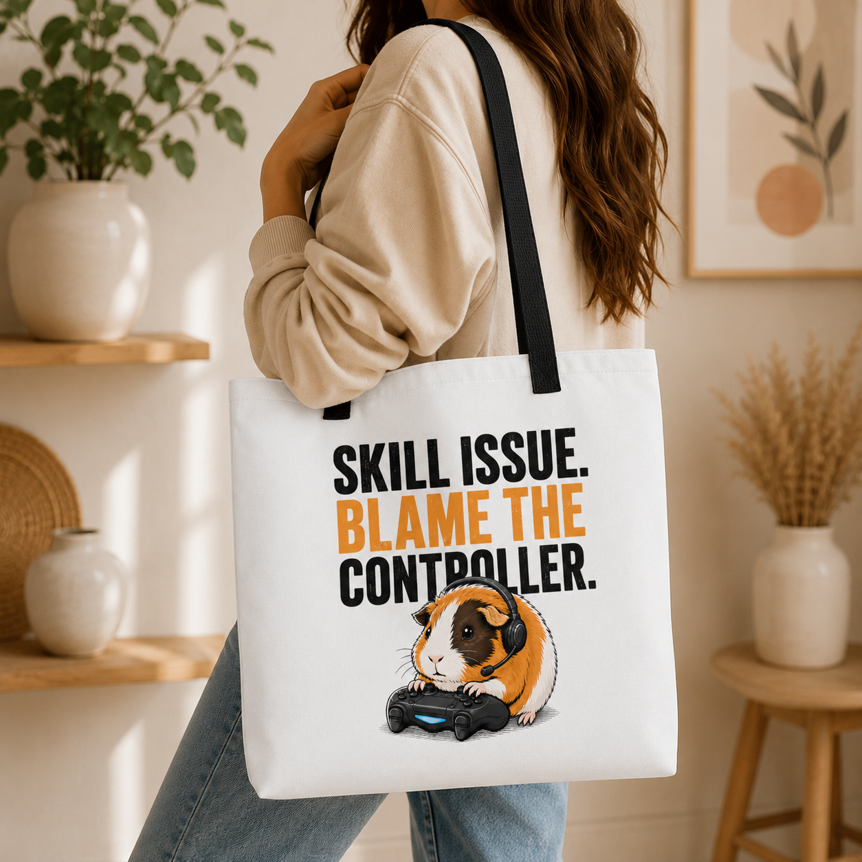 Skill Issue Guinea Pig Tote Bag, Funny Gamer Shopping Bag