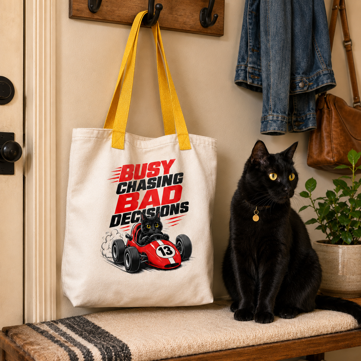 Funny Black Cat Tote Bag, Busy Chasing Bad Decisions, Cat Lover Gift, Racing Cat Tote, Funny Cat Gift, Reusable Shopping Bag