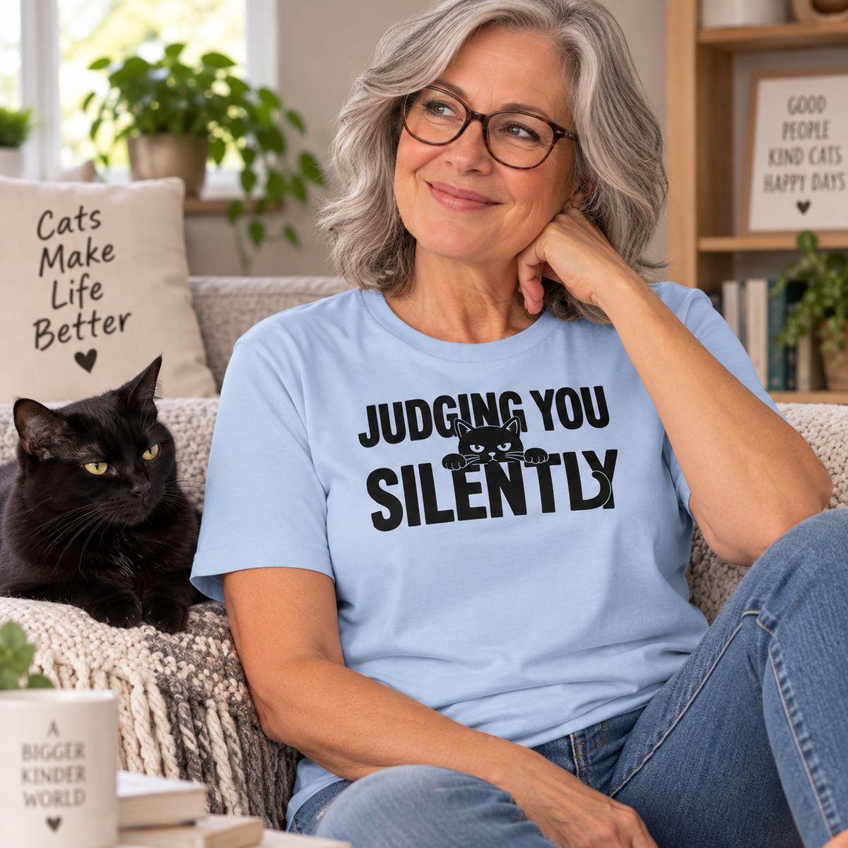 Judging You Silently Cat T-Shirt, Sarcastic Black Cat Tee, Funny Pet Owner Gift