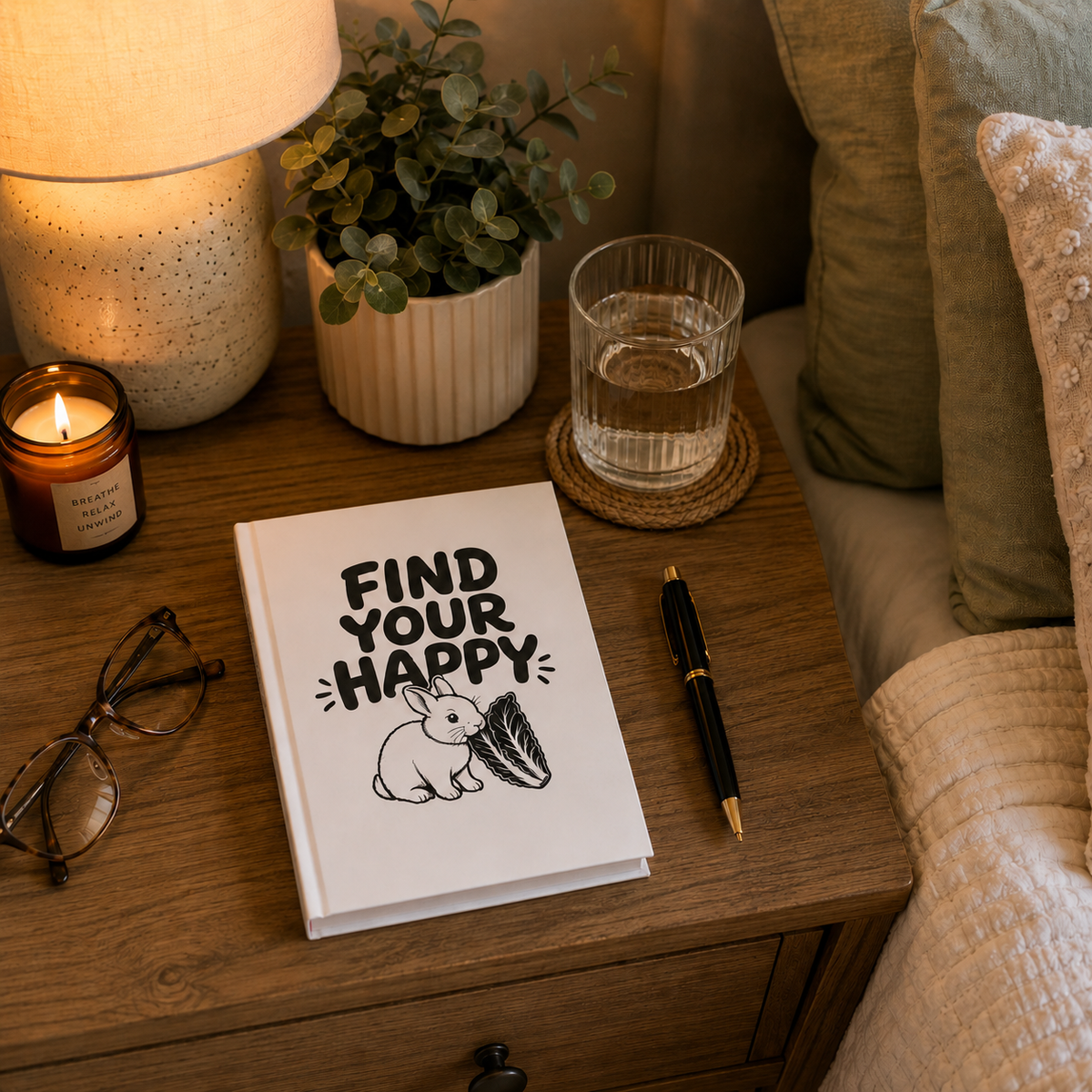 Find Your Happy Rabbit Journal, Bunny Lover Gift, Cute Hardcover Notebook, Rabbit Notebook, Positive Quote Journal, Veggie Garden Gift