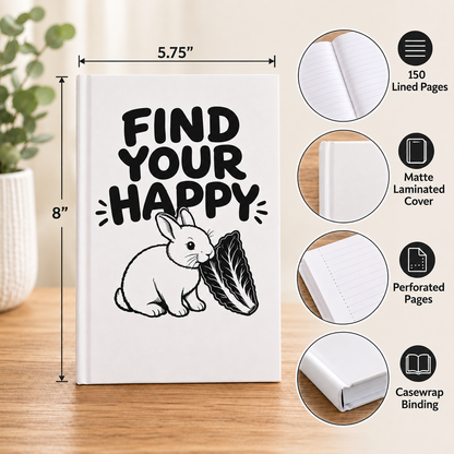 Find Your Happy Rabbit Journal, Bunny Lover Gift, Cute Hardcover Notebook, Rabbit Notebook, Positive Quote Journal, Veggie Garden Gift