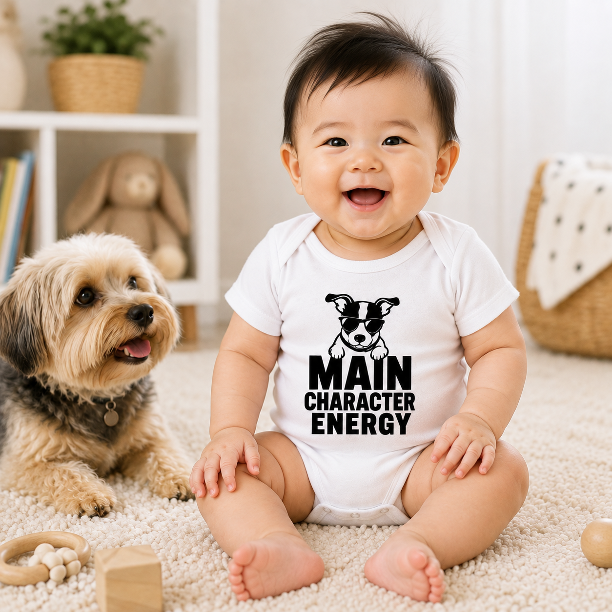 Main Character Energy Baby Bodysuit, Funny Dog Baby Onesie, Puppy Baby Outfit