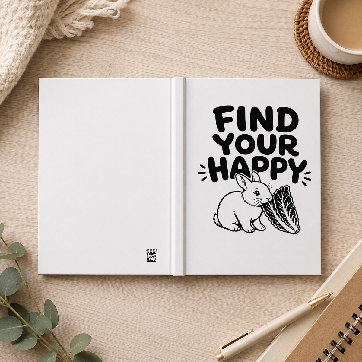 Find Your Happy Rabbit Journal, Bunny Lover Gift, Cute Hardcover Notebook, Rabbit Notebook, Positive Quote Journal, Veggie Garden Gift