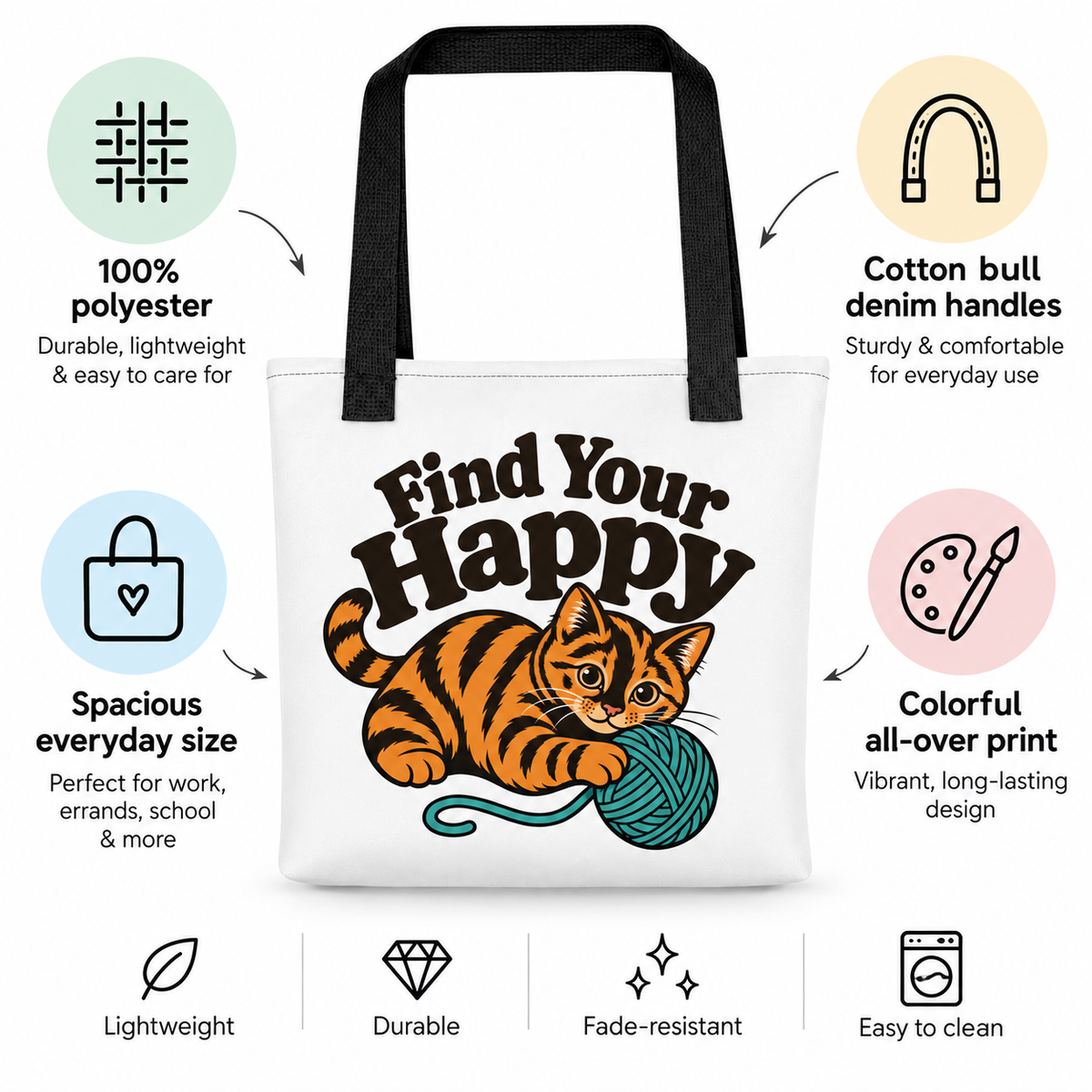 Funny Cat Tote Bag, Find Your Happy Tote, Cat Lover Gift, Knitting Crochet Yarn Bag, Orange Tabby Cat Shopping Bag