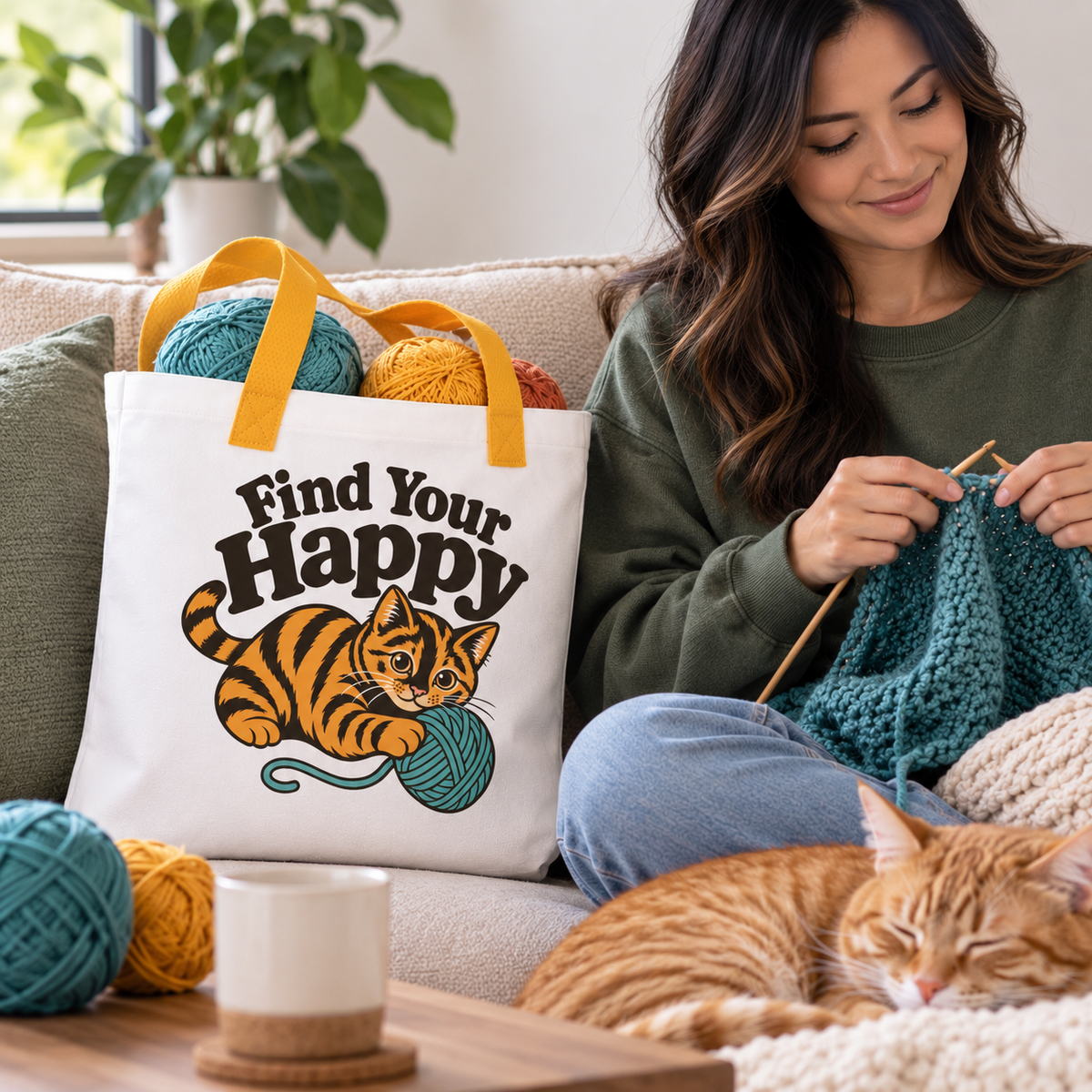 Funny Cat Tote Bag, Find Your Happy Tote, Cat Lover Gift, Knitting Crochet Yarn Bag, Orange Tabby Cat Shopping Bag