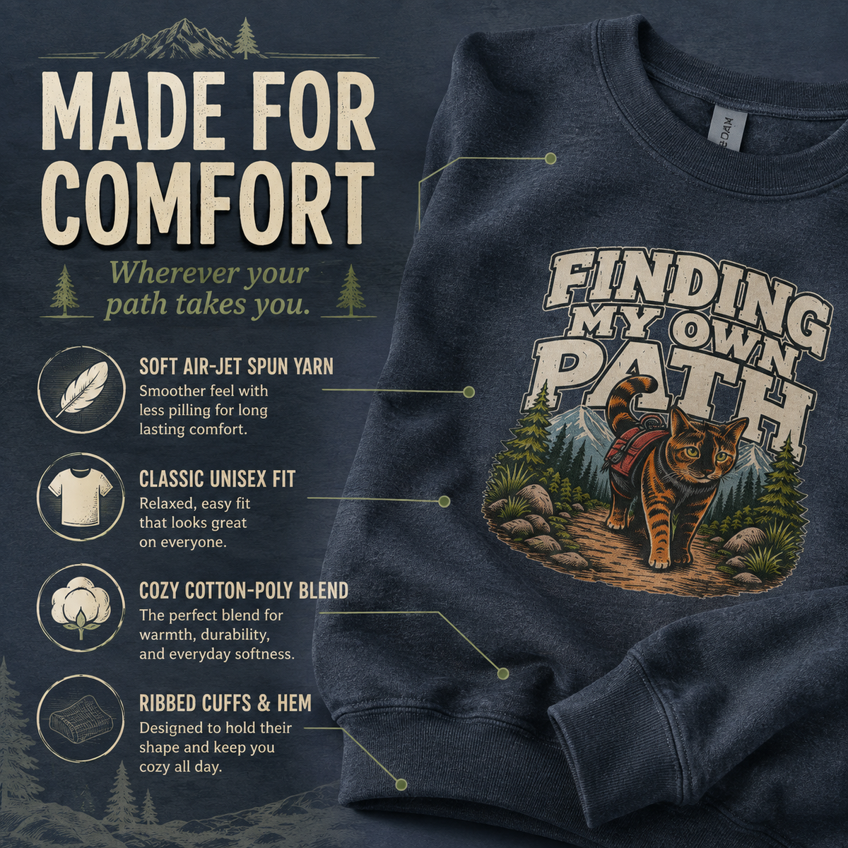Hiking Cat Sweatshirt, Cat Lover Gift, Funny Outdoor Crewneck, Finding My Own Path, Hiking Camping Nature Lover Gift