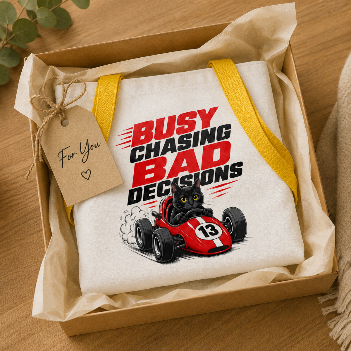 Funny Black Cat Tote Bag, Busy Chasing Bad Decisions, Cat Lover Gift, Racing Cat Tote, Funny Cat Gift, Reusable Shopping Bag