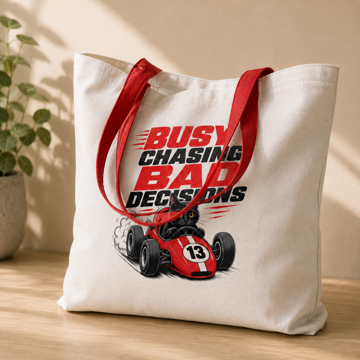 Funny Black Cat Tote Bag, Busy Chasing Bad Decisions, Cat Lover Gift, Racing Cat Tote, Funny Cat Gift, Reusable Shopping Bag